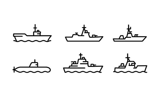 Warship Icons Set. Outline icon set of warship types: aircraft carrier, destroyer, cruiser, frigate, submarine, battleship, patrol
