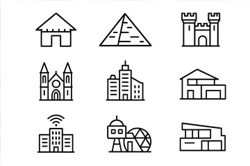 Timeless Architecture Icons. Outline icon set of Architecture through ages: hut, pyramid, castle, cathedral,
