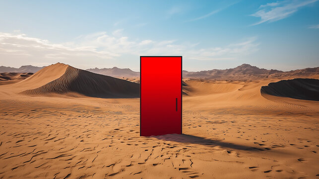 A bold red door stands alone in an expansive desert with sand dunes under a bright blue sky, evoking surreal and mysterious vibes.