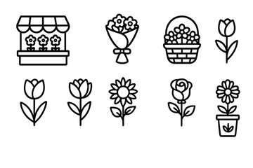 Flower Market Icons. Outline icon set of flower market inspiration: flower stall, bouquet, basket, tulip,