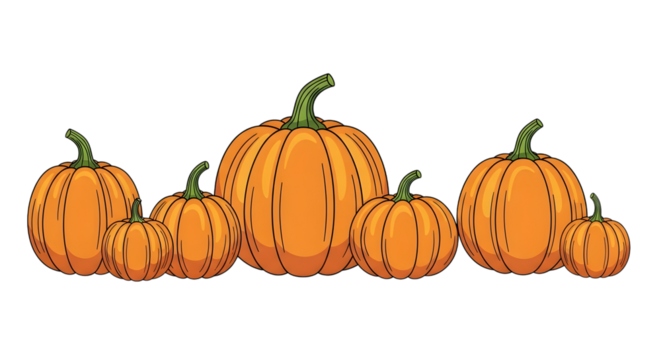 A group of assorted orange pumpkins of various sizes, isolated on a transparent background, perfect for autumn and halloween themes