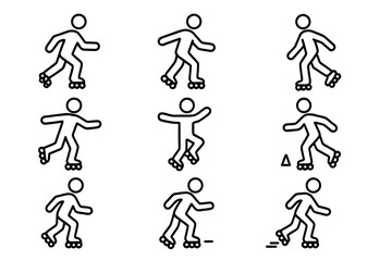 Roller Skating Icon Set. Outline icon set of Roller skating movements: forward glide, backward skate, cross