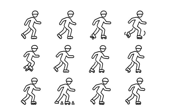 Roller Skating Icon Set. Outline icon set of Roller skating movements: forward glide, backward skate, cross