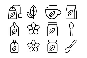 Organic Tea Icon Set. Outline icon set of organic tea packaging: tea bag, tea leaf, cup, paper pouch, eco tag,