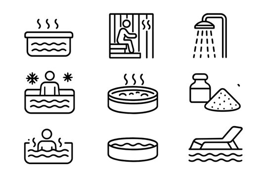 Hydrotherapy Icon Set. Outline icon set of Hydrotherapy experiences: hot tub, sauna, steam room, waterfall