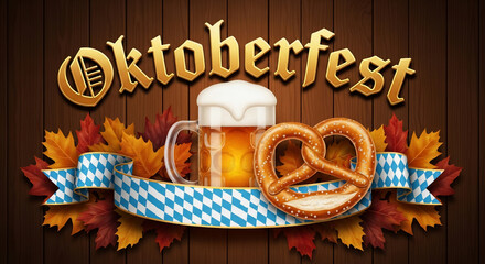 Oktoberfest illustration with beer mug and pretzel on wooden background. Festive event design for a bavarian festival or oktoberfest celebration