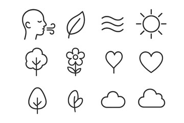Mindful Breathing Icons. Outline icon set of mindful breathing outdoors: person inhaling, leaf, breath waves,