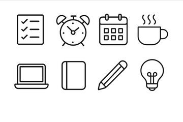Routine Productivity Icons. Outline icon set of building a routine to enhance focus and productivity: