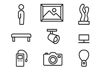Art Gallery Icon Set. Outline icon set of Gallery visitor admiring art: standing person, framed painting,