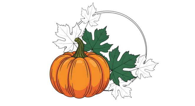 A single, vibrant orange pumpkin with green leaves and a sketched circular frame on a transparent background, symbolizing autumn and harvest