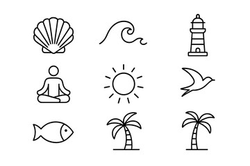 Seaside Icon Set. Outline icon set of seaside inspiration: seashell, wave, lighthouse, meditating person, sun,