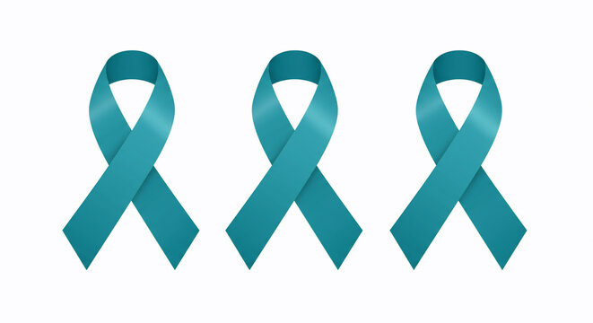 Three teal awareness ribbons for ovarian cancer and PCOS support stand against a clean white background