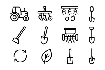 Sustainable Agriculture Icons. Outline icon set of sustainable agriculture tools: tractor, plow, irrigation