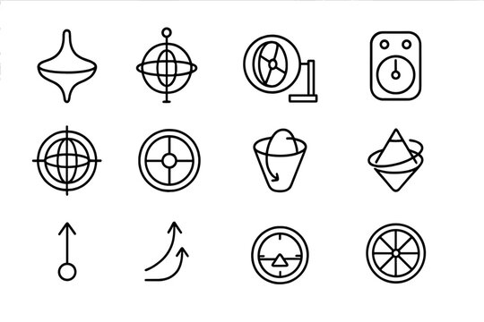 Gyroscope Icon Set. Outline icon set of Gyroscopes & angular momentum: spinning top, classic gyroscope, reaction wheel, IMU sensor