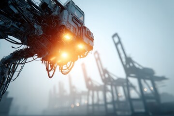 Futuristic industrial machine with glowing lights and intricate wiring, set against a hazy port with cranes, symbolizing technological advancement.