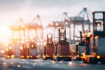 Heavy container handlers at a busy port terminal under a vibrant sunrise.