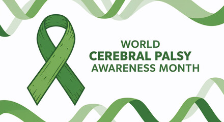World Cerebral Palsy Awareness Month graphic. Features a green awareness ribbon on a clean white background with decorative wavy elements