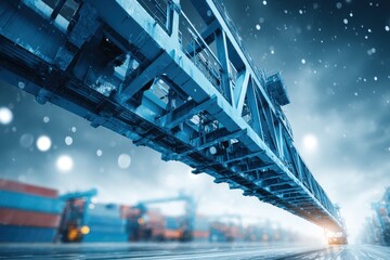 Large blue industrial crane dominates a bustling global shipping container port.