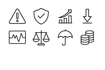 Derivative Risk Icon Set. Outline icon set of derivative risks and benefits: warning triangle, safety shield,
