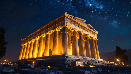 Obraz premium An ancient temple, brilliantly lit, stands majestically under a breathtaking starry night, showcasing classical architecture's timeless beauty and cosmic wonder
