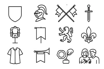 Heraldry Icon Set. Outline icon set of Heraldry & armory displays: coat of arms shield, crested helmet, crossed banners,