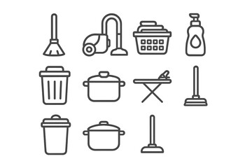 Household Chores Icons. Outline icon set of taking over household chores: broom, vacuum cleaner, laundry