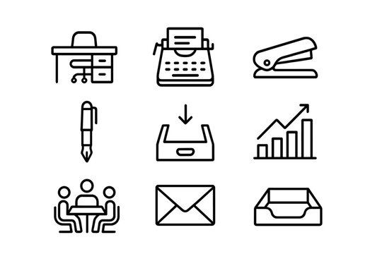 Office Tool Icons. Outline icon set of temporary work substitution: office desk, typewriter, stapler, pen,