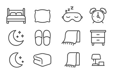 Napping Icon Set. Outline icon set of napping moments: bed, pillow, sleeping mask, alarm clock, moon icon,