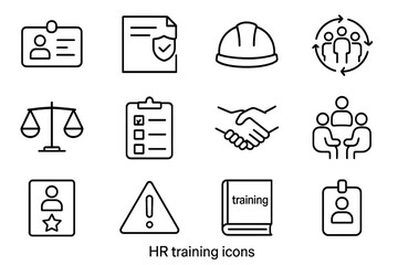 HR Training Icons Set. Outline icon set of HR training topics: employee ID card, workplace policy document, safety helmet,