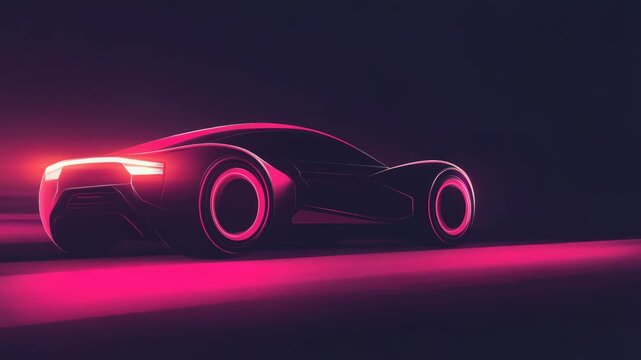 Futuristic neon car racing on dark road