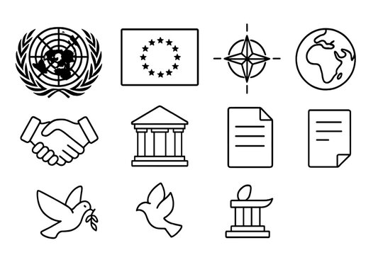 International Organizations Icons. Outline icon set of international organizations: UN emblem, EU flag, NATO
