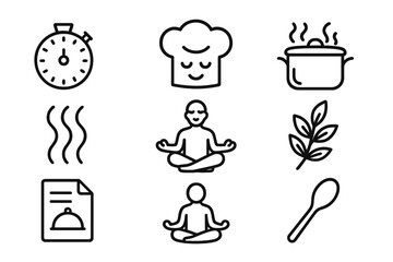 Stress-Free Cooking Icons. Outline icon set of stress-free cooking: kitchen timer, calm chef hat, cooking pot,