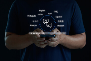 AI language translation assistant on smartphone, real time multilingual communication technology with voice recognition, artificial intelligence for global business, learning and digital connection.