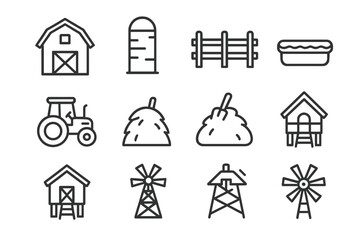 Farmyard Icons Set. Outline icon set of farmyard scenes: barn, silo, fence, tractor, haystack, water trough,