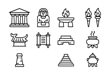 Ancient Temple Icons. Outline icon set of ancient temples: stone pillars, carved statues, altar, torches, roof