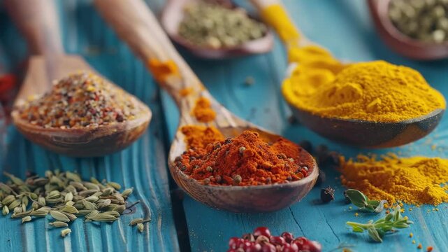 Colorful spices in bowls, ready to enhance your cooking. A variety of flavors from sweet and aromatic to savory and pungent.