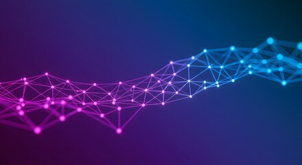 Abstract futuristic digital network background, glowing neon lines and nodes, 3D render style, gradient blue and purple tones, clean and modern design, suitable for tech presentations
