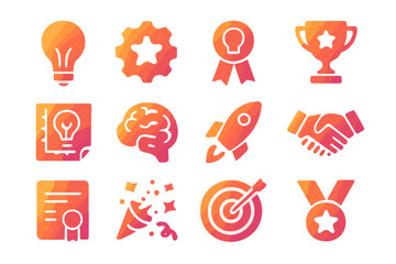 Innovation Icons Grid. Gradient icons set of innovation and idea awards: lightbulb, gear with star, innovation ribbon, trophy with