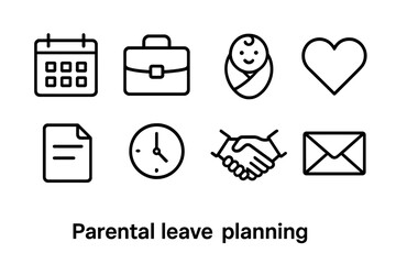 Parental Leave Icons. Outline icon set of Parental leave planning: calendar, suitcase, baby, heart, document,