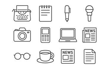 Journalism Icon Set. Outline icon set of journalistic writing essentials: typewriter, notepad, pen, microphone, camera, voice