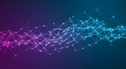 Abstract futuristic digital network background, glowing neon lines and nodes, 3D render style, gradient blue and purple tones, clean and modern design, suitable for tech presentations