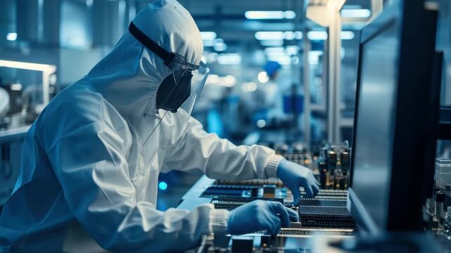 Image of a technician working with computers and microchips in a clean room, focused on semiconductor research and manufacturing.