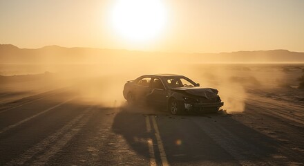 Obraz premium Rugged suv drives through dusty landscape under golden sunset sky adventure and exploration