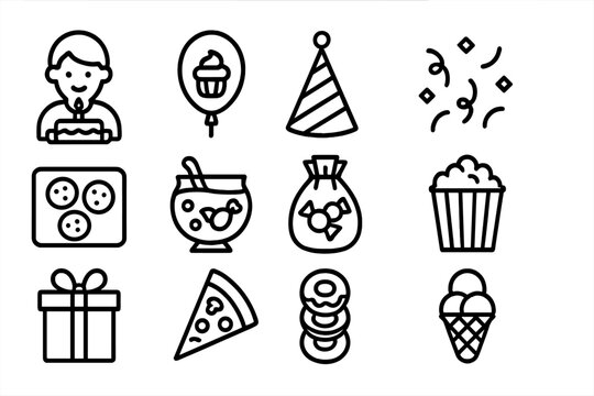 Kids' Celebration Icons. Outline icon set of kids celebrating with food: child with birthday cake, balloon with cupcake, party hat