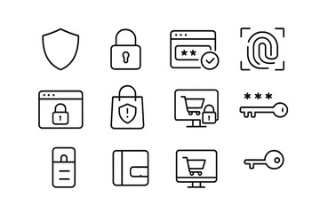 E-Commerce Security Icons. Outline icon set of e-commerce security: shield icon, padlock, two-factor