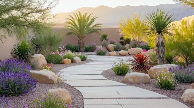 A beautiful garden with a stone path leading through it. The path is lined with rocks and has a row of purple flowers growing along it. The flowers are of various sizes