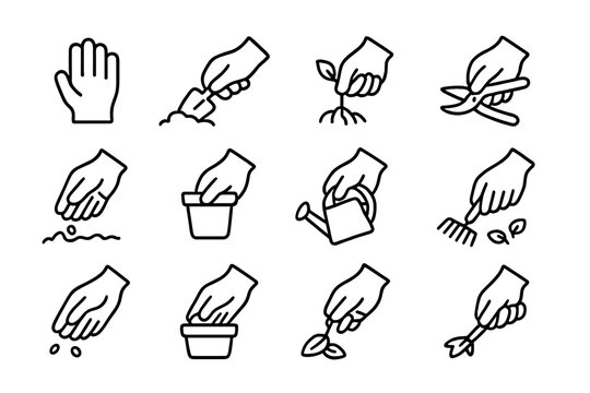 Gardening Icons Set. Outline icon set of using gardening gloves: hand with glove, soil digging, pulling weeds,