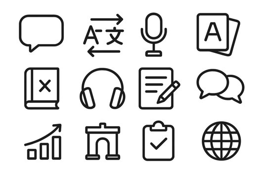 Language Learning Icons. Outline icon set of Language learning apps and tools: speech bubble icon, translation arrows,