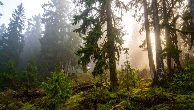 Misty forest, sunlight filtering through trees