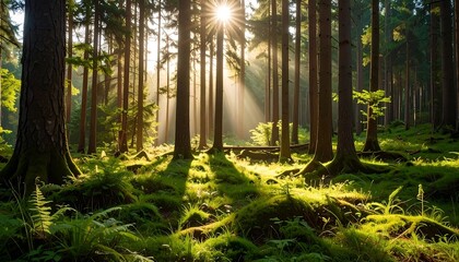 Sunlight streams through a dense forest